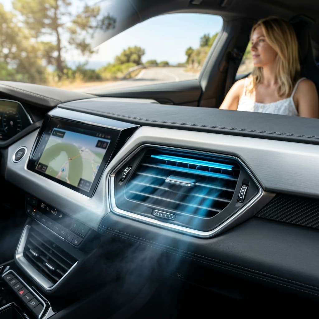 Car heater controls and dashboard vents in winter
