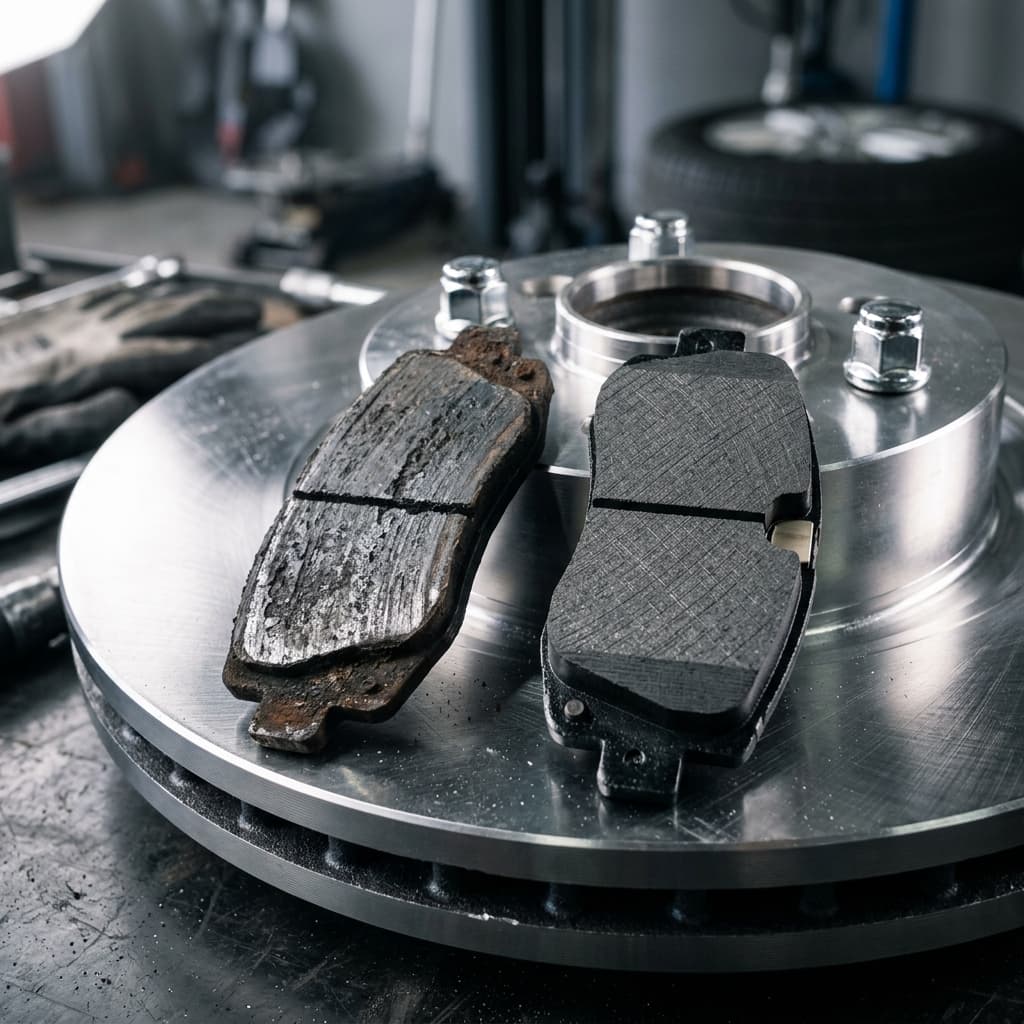 Close-up of worn and new brake pads side by side on a brake rotor