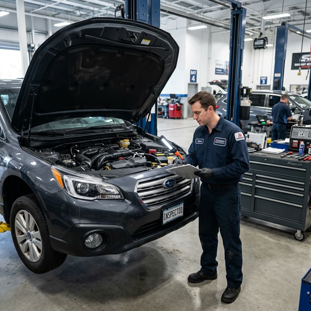 Fleet vehicle maintenance inspection with mechanic checking under the hood