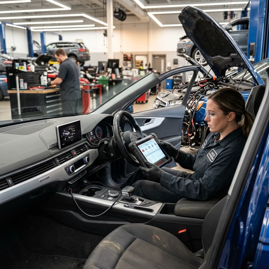 Mechanic using OBD diagnostic scanner on a car