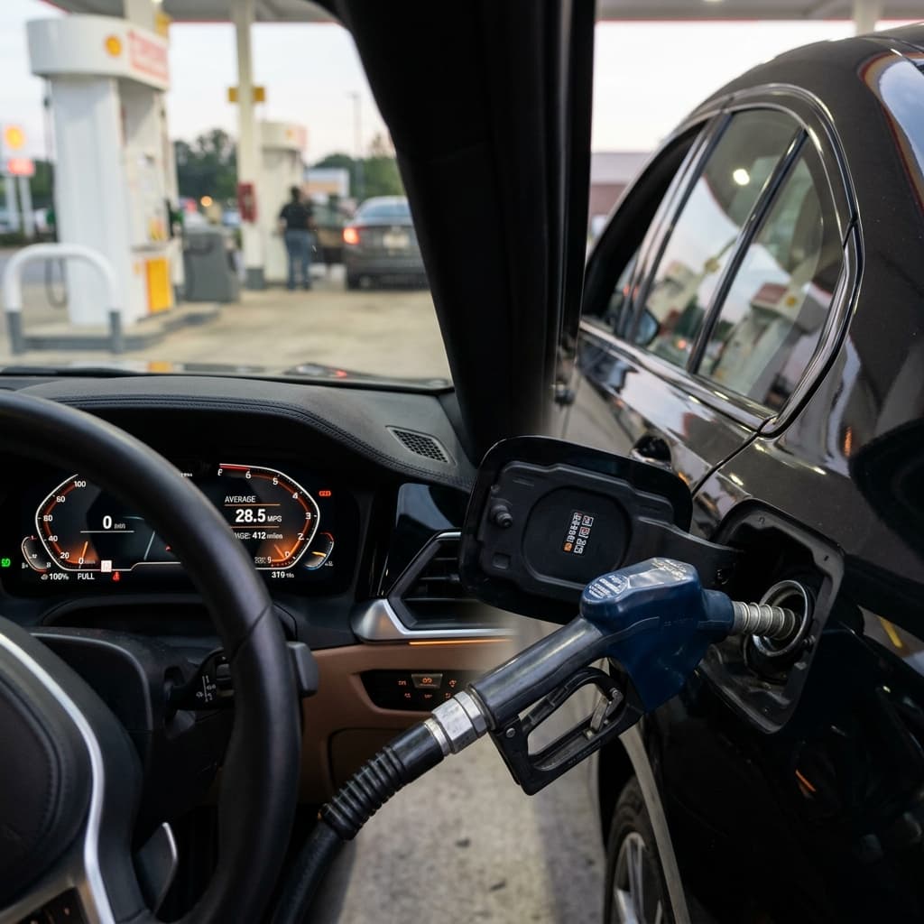 Car fuel gauge showing full tank next to miles-per-gallon readout