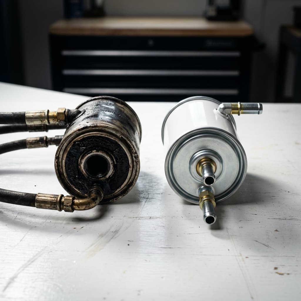 Old clogged fuel filter compared to a new clean one