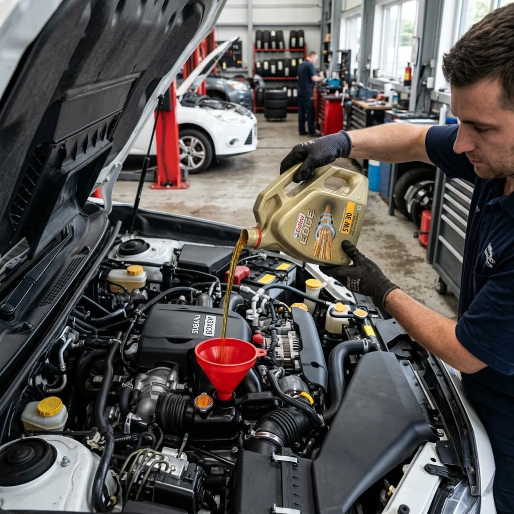 Fresh motor oil being poured into a car engine