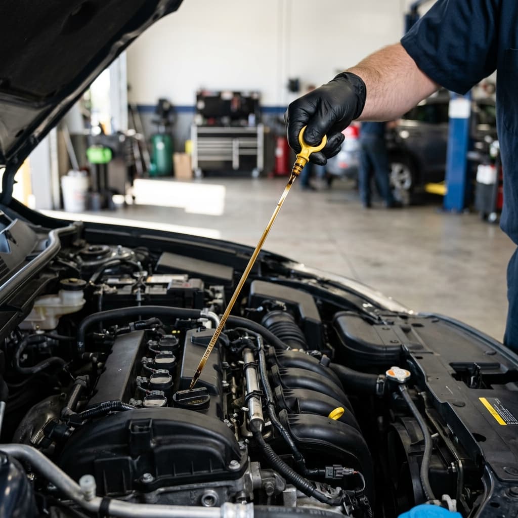 Engine oil dipstick showing oil level reading