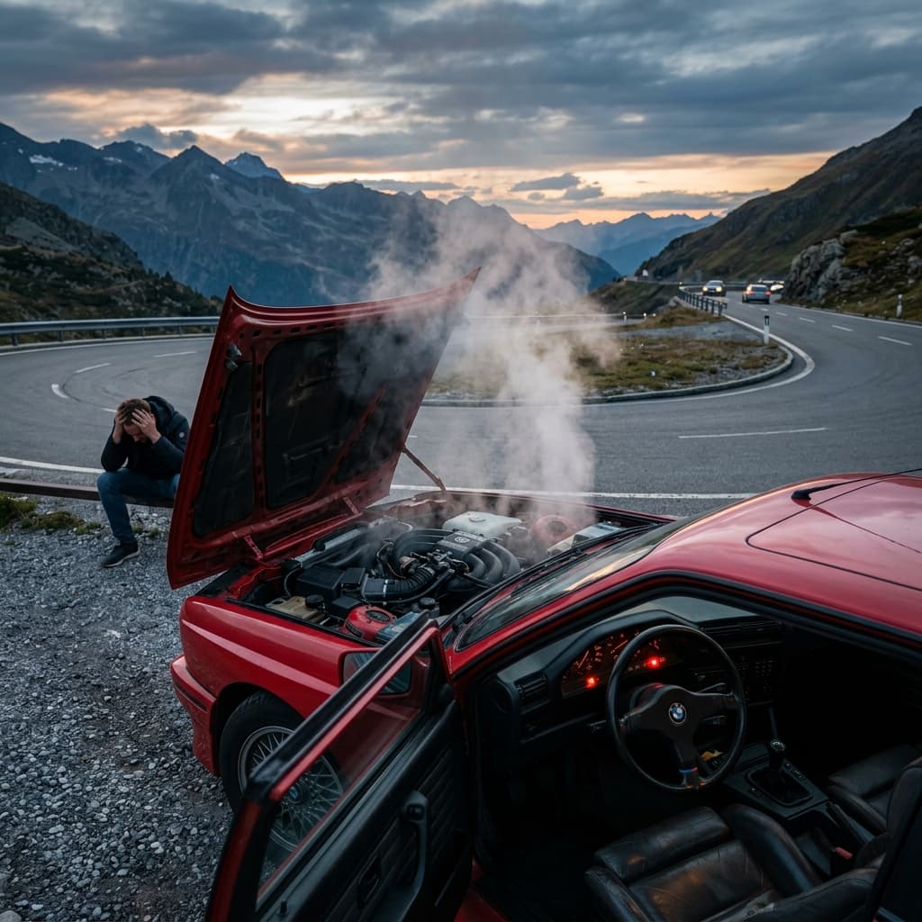Steam rising from overheated car engine on roadside