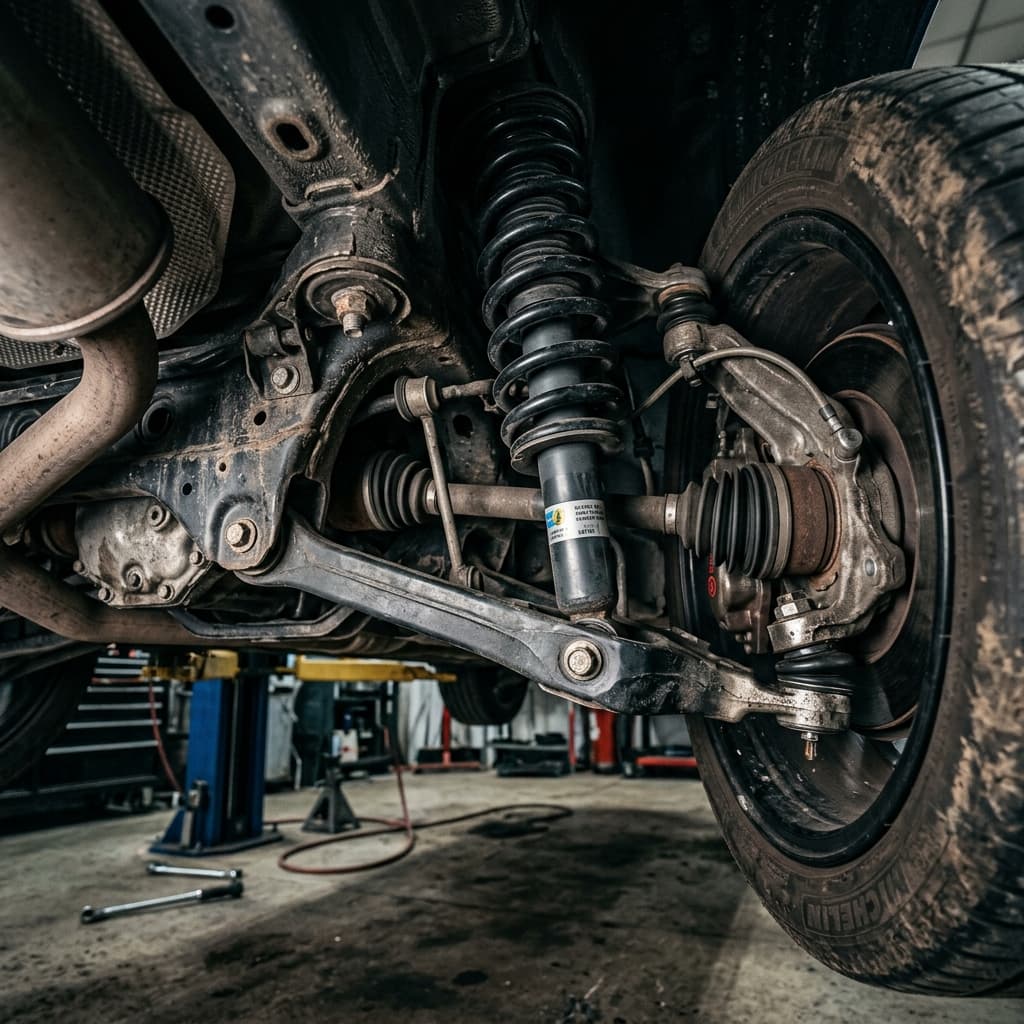 Car suspension system undercarriage showing shock and spring components