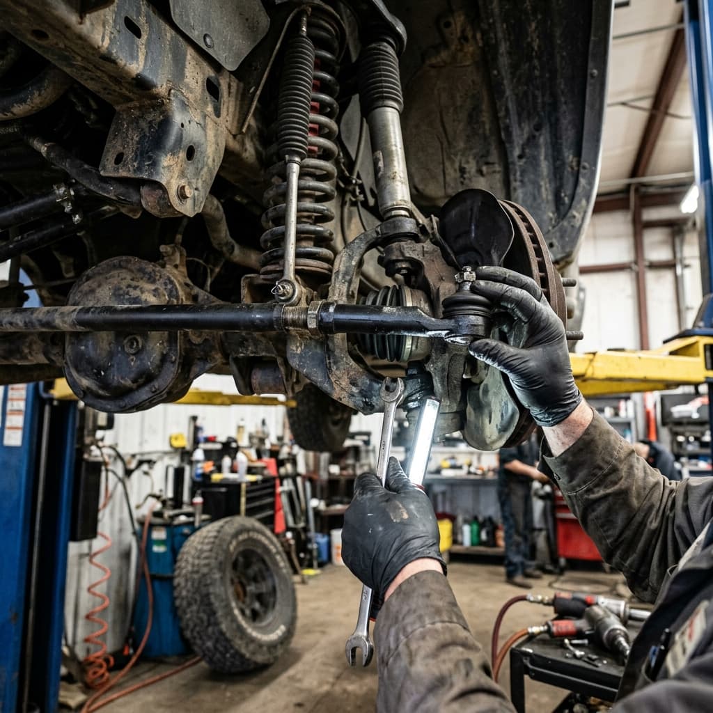 Mechanic inspecting tie rod end on a lifted car undercarriage