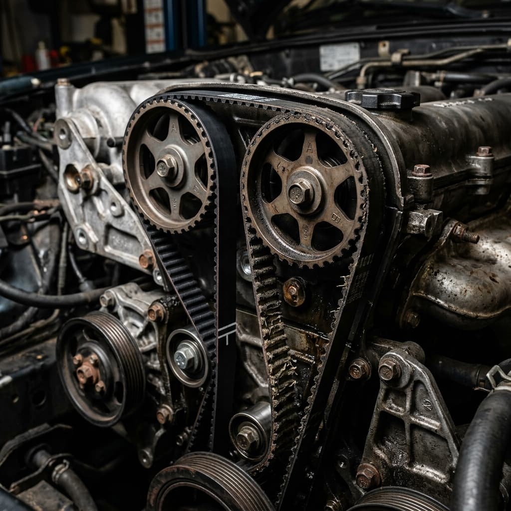 Timing belt on engine camshaft sprockets showing wear