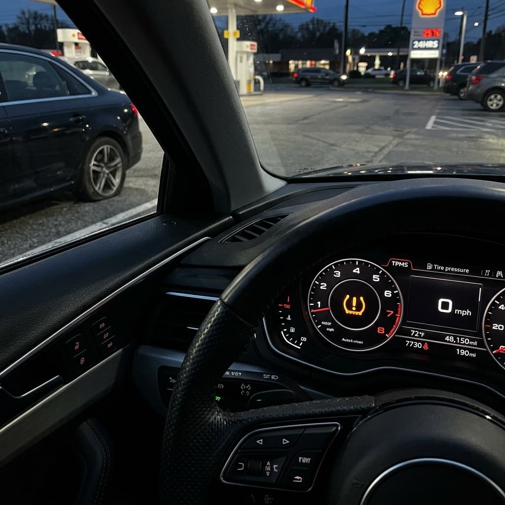 TPMS tire pressure warning light glowing on car dashboard