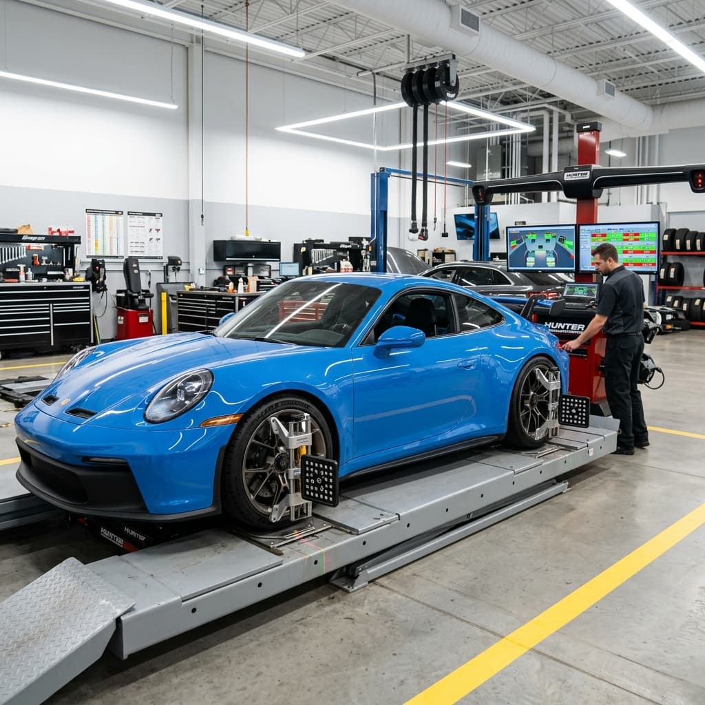 Car on a wheel alignment machine with laser sensors