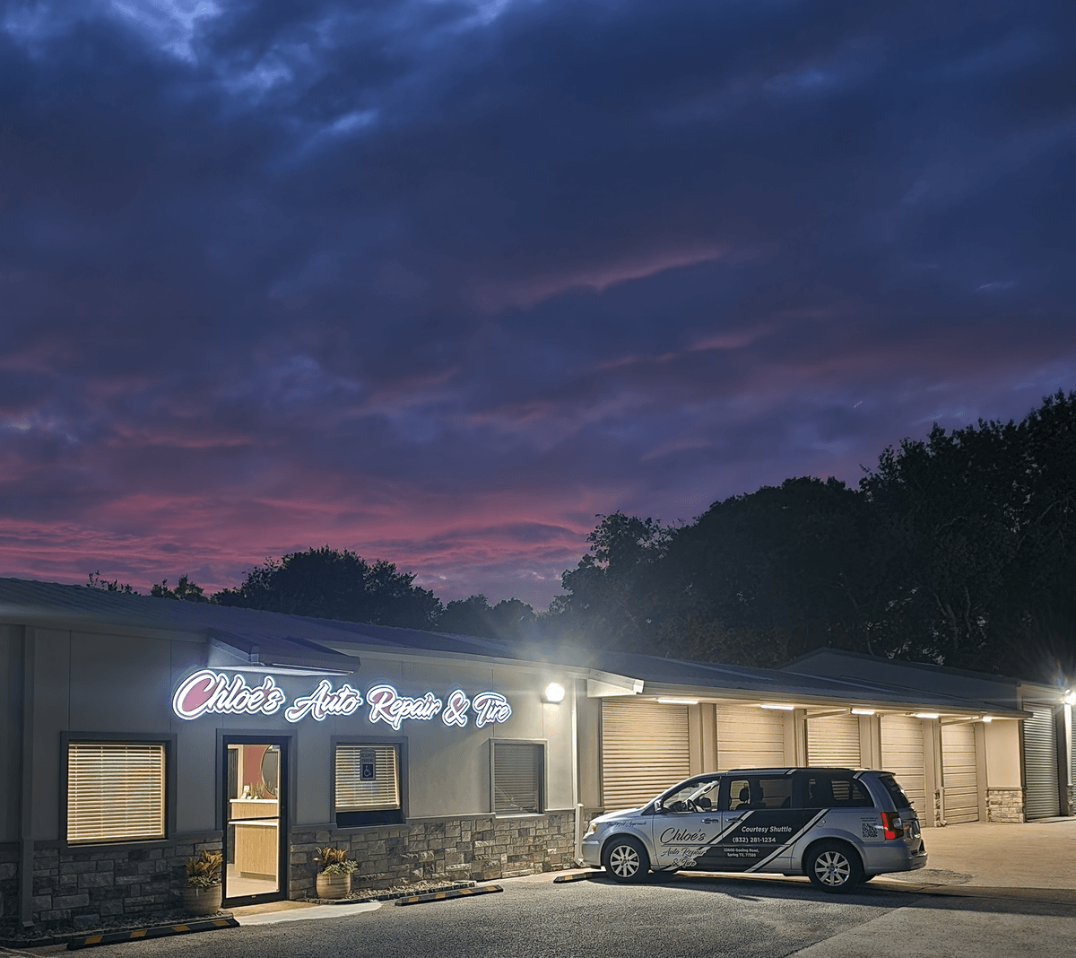 Chloe's Auto Repair & Tire shop storefront exterior and service bays on Gosling Road in Spring, TX